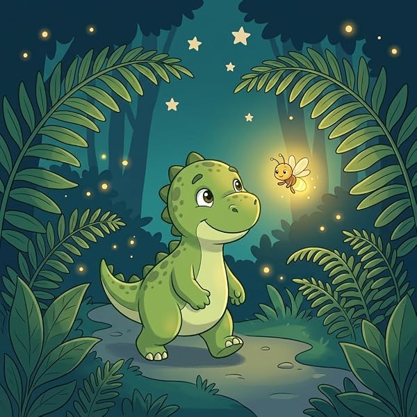 Dino Dario spaziert mit einem Leuchtkäfer durch den nächtlichen Farnwald