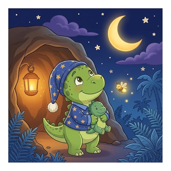 Dino Dario steht mit Kuscheldino und Laterne vor seiner Höhle unter dem Halbmond