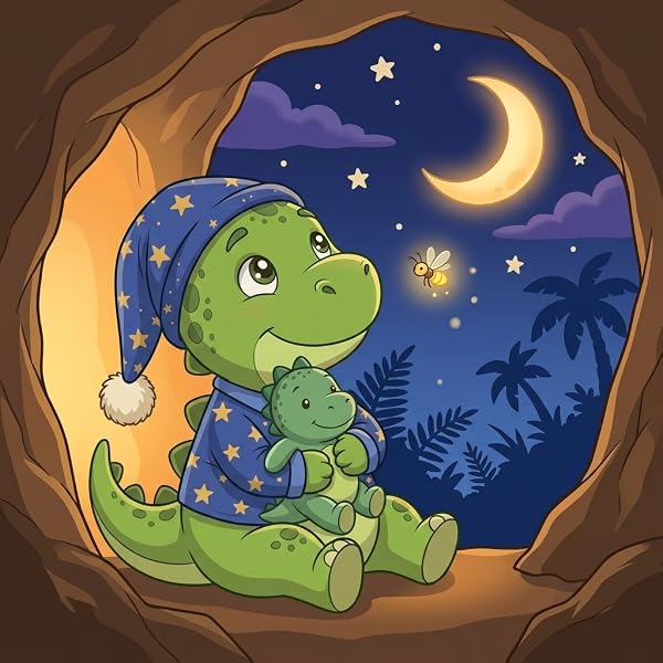 Dino Dario im Schlafanzug sitzt mit seinem Kuscheldino in der Höhle und schaut zum Mond